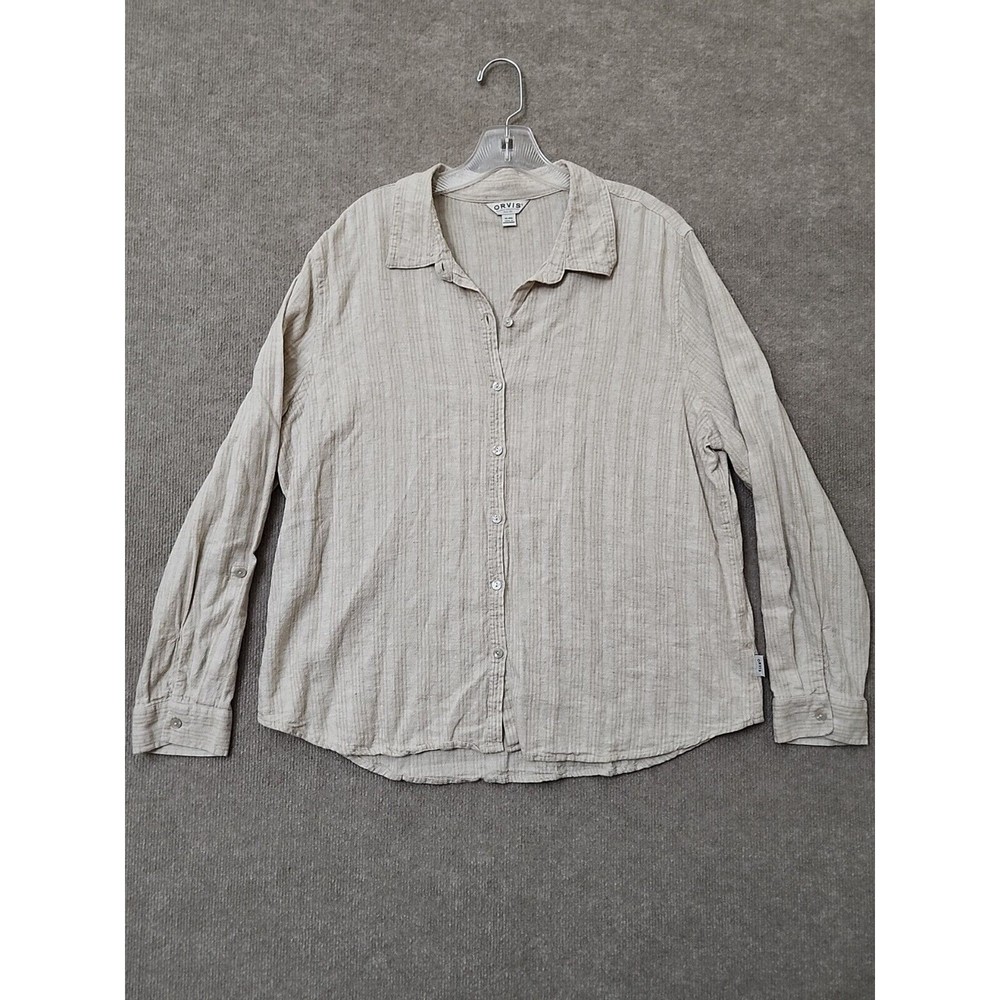 Orvis Women's XL Shirt Button Front Blouse Top Linen Beige Striped Long Sleeve